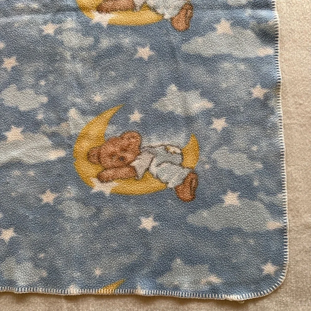 Vintage Dolly Boyd's Collection Teddy Bear Baby Blanket Moon Stars Blue 28x36